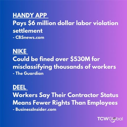 Image that talks about how companies such as Handy App, Nike, and Deel have misclassified workers