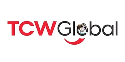 TCWGlobals logo with Cooper, TCWGlobals mascot in the middle of the O