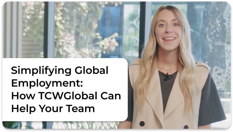 Woman with a blue shirt looking into the camera. There is an blue caption that says Understanding the Secrets of Global Payrolling