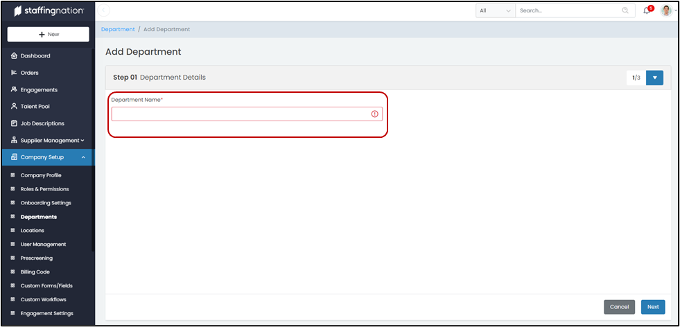 StaffingNation Add Department Step 1