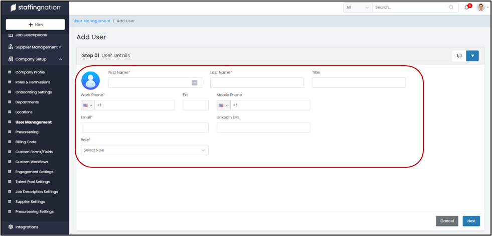 StaffingNation Add User Step 1