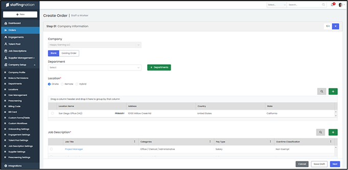 StaffingNation Create Order form Step 1