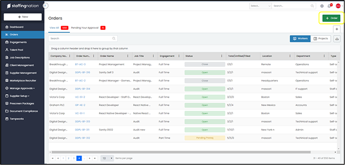 StaffingNation Orders screen