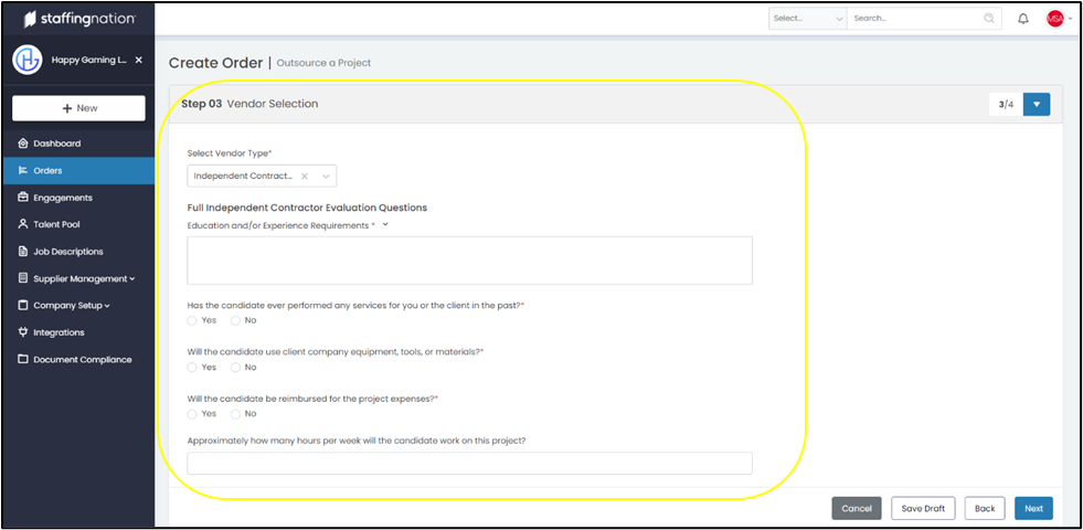 Create Order Step 3 Vendor Questions