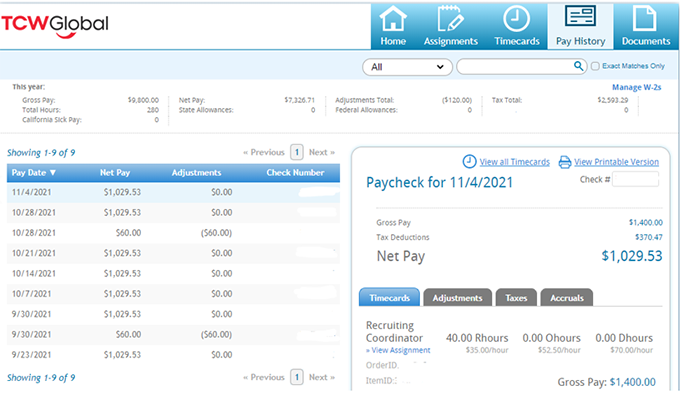 WebCenter Pay History screen